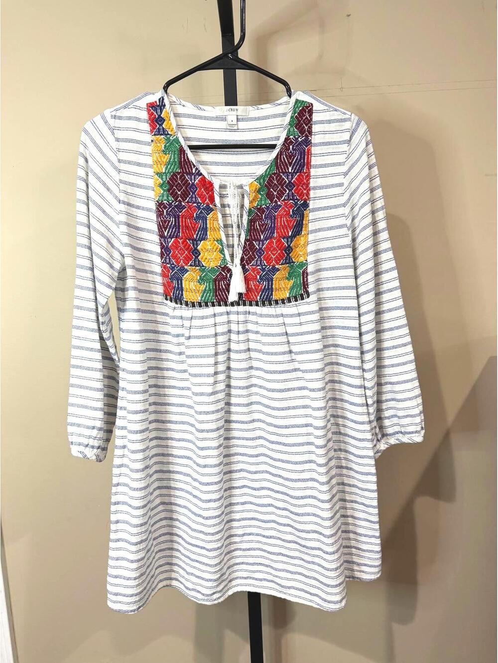J. Crew White Striped Tunic with Multicolor Embroidered Yoke